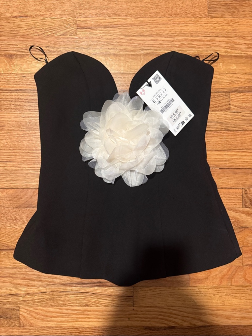 Zara Black Strapless Bustier Top with Cream Floral Detail - Picture 2 of 6